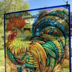 Colorful Rooster Sublimated Glass Art Panel - Vibrant Multi-Color